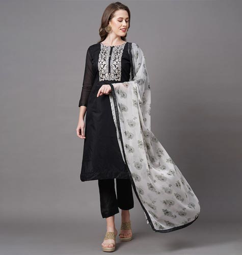 Black & Silver-Toned Embroidered Unstitched Dress Material